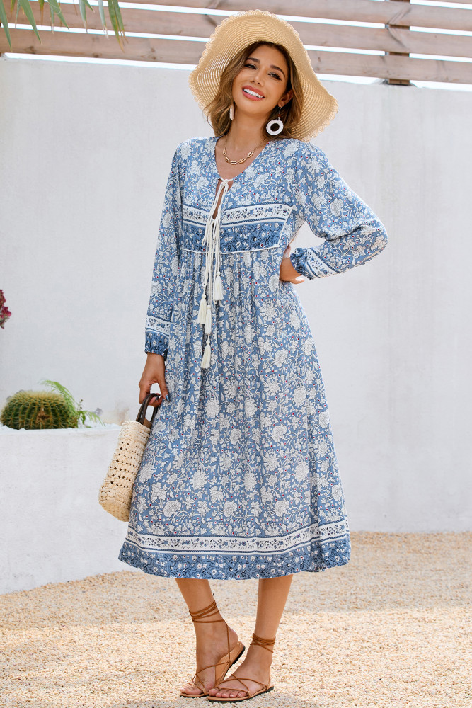 R.Vivimos Women's Long Sleeve Floral Print Retro V Neck Tassel Bohemian Midi Dresses