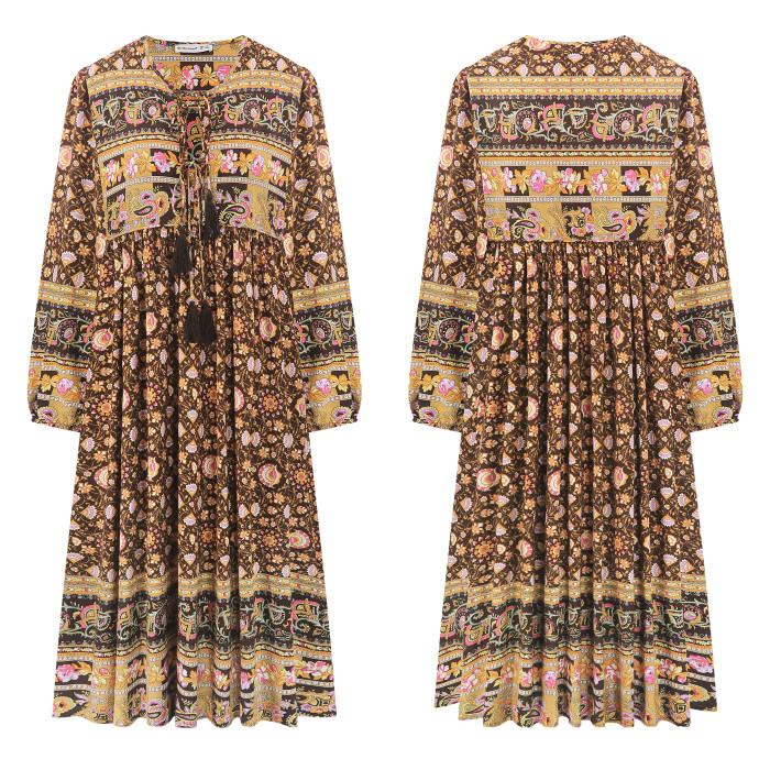 R.Vivimos Women's Long Sleeve Floral Print Retro V Neck Tassel Bohemian Midi Dresses