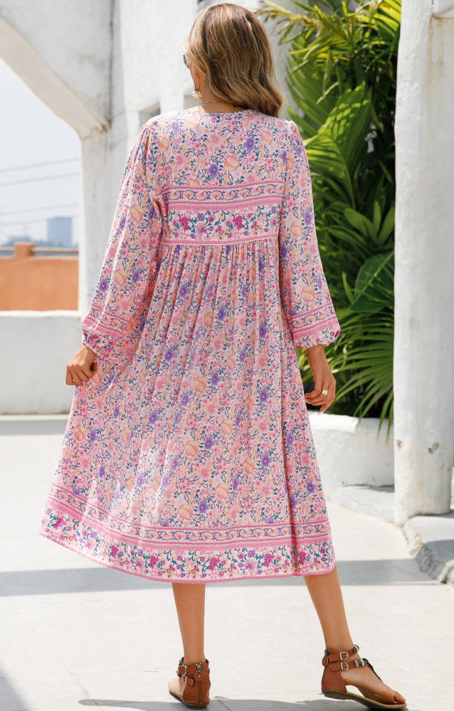 R.Vivimos Women's Long Sleeve Floral Print Retro V Neck Tassel Bohemian Midi Dresses