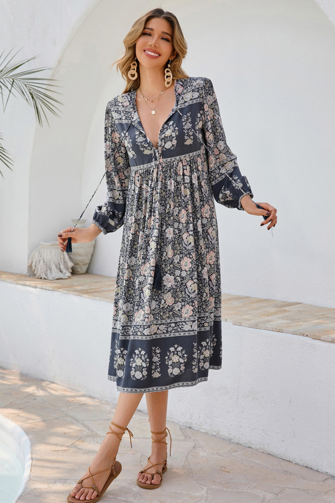 R.Vivimos Women's Long Sleeve Floral Print Retro V Neck Tassel Bohemian Midi Dresses