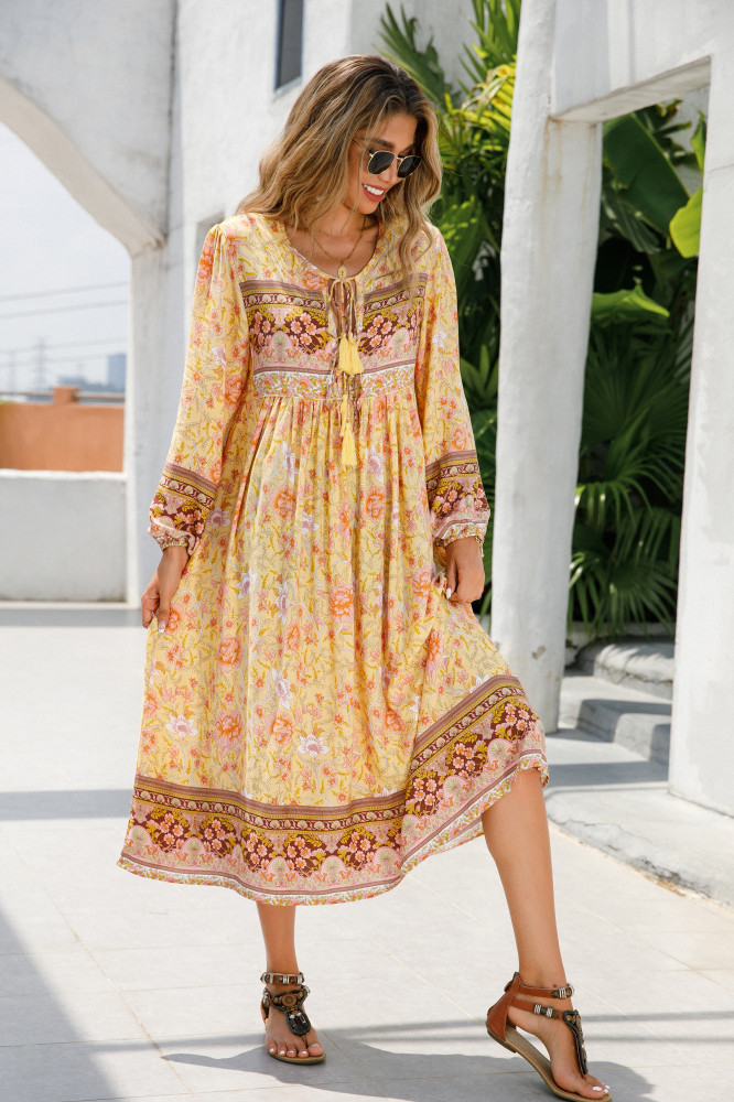 R.Vivimos Women's Long Sleeve Floral Print Retro V Neck Tassel Bohemian Midi Dresses