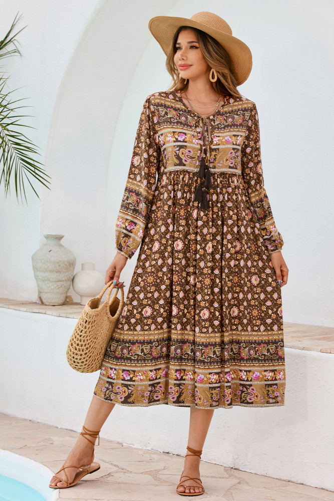 R.Vivimos Women's Long Sleeve Floral Print Retro V Neck Tassel Bohemian Midi Dresses