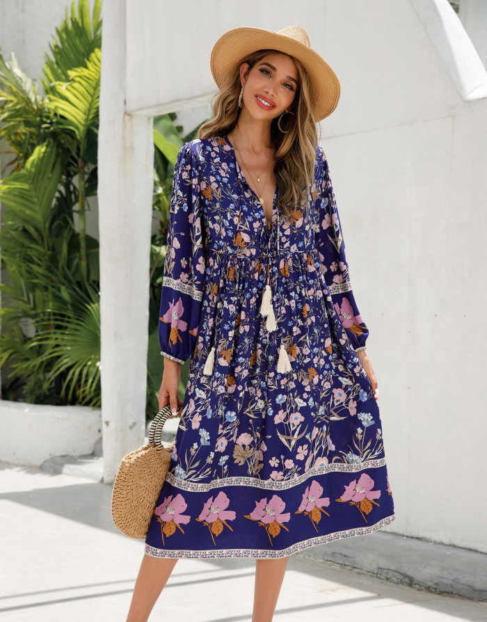 R.Vivimos Women's Long Sleeve Floral Print Retro V Neck Tassel Bohemian Midi Dresses