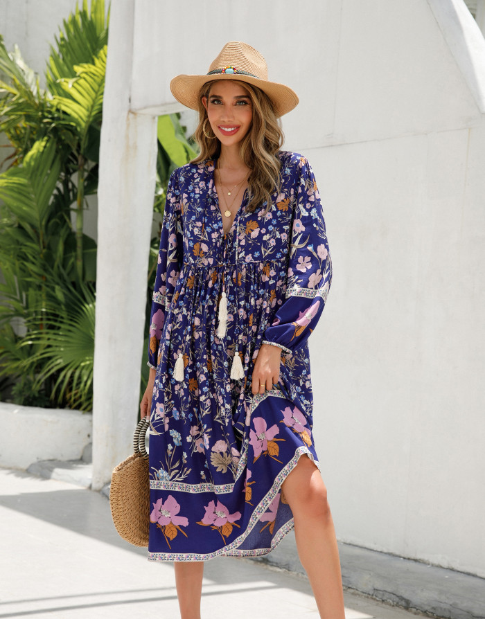 R.Vivimos Women's Long Sleeve Floral Print Retro V Neck Tassel Bohemian Midi Dresses