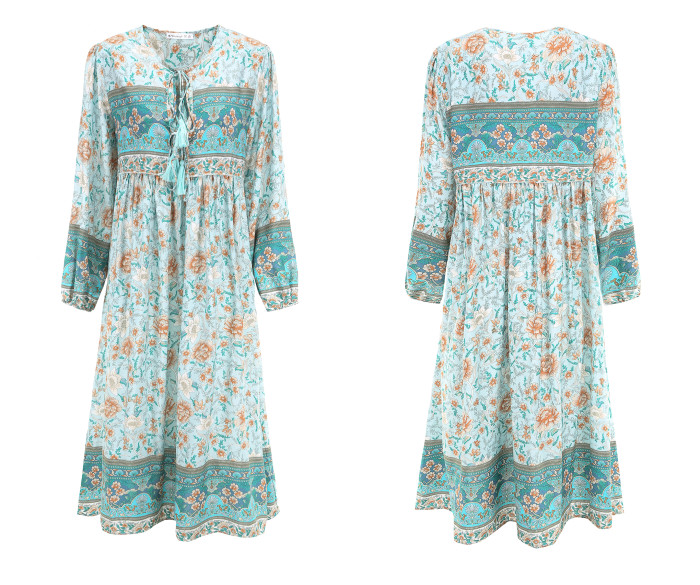 R.Vivimos Women's Long Sleeve Floral Print Retro V Neck Tassel Bohemian Midi Dresses