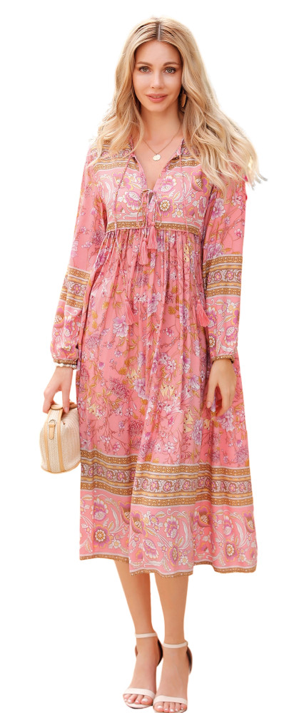 R.Vivimos Women's Long Sleeve Floral Print Retro V Neck Tassel Bohemian Midi Dresses