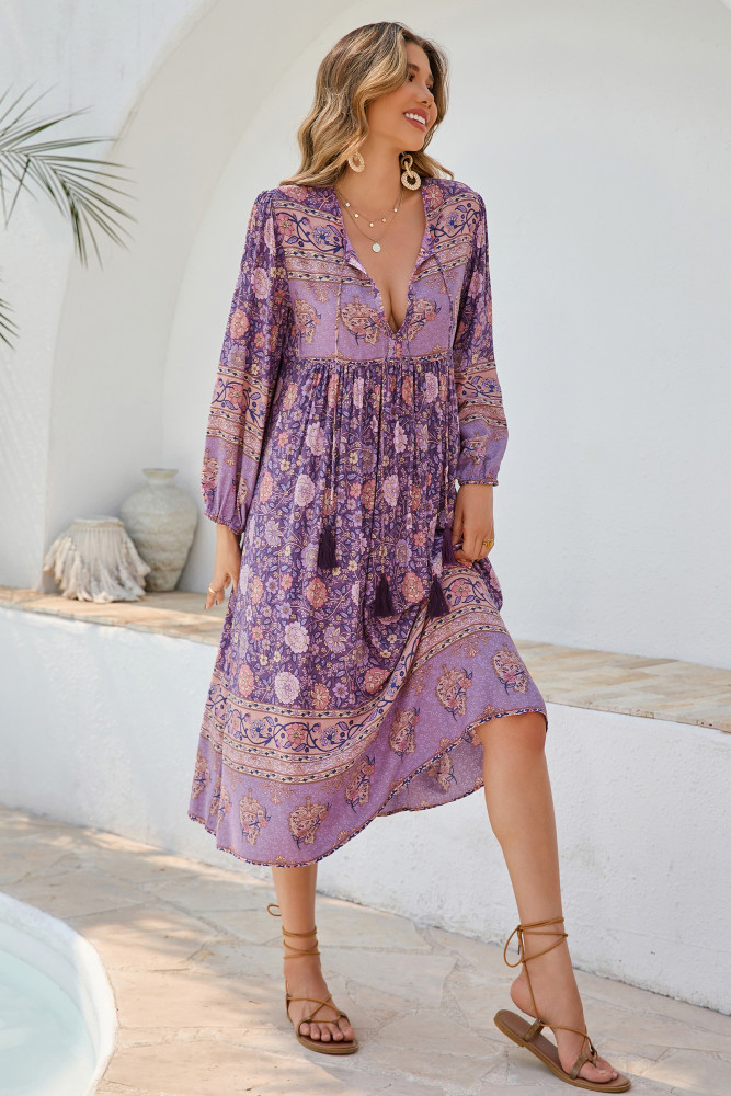 R.Vivimos Women's Long Sleeve Floral Print Retro V Neck Tassel Bohemian Midi Dresses