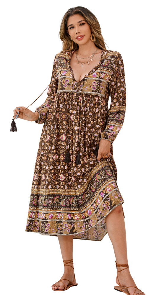 R.Vivimos Women's Long Sleeve Floral Print Retro V Neck Tassel Bohemian Midi Dresses