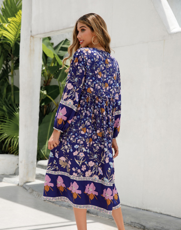 R.Vivimos Women's Long Sleeve Floral Print Retro V Neck Tassel Bohemian Midi Dresses