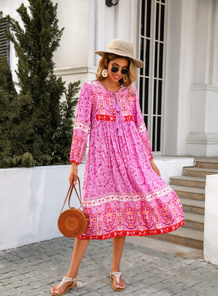 R.Vivimos Women's Long Sleeve Floral Print Retro V Neck Tassel Bohemian Midi Dresses