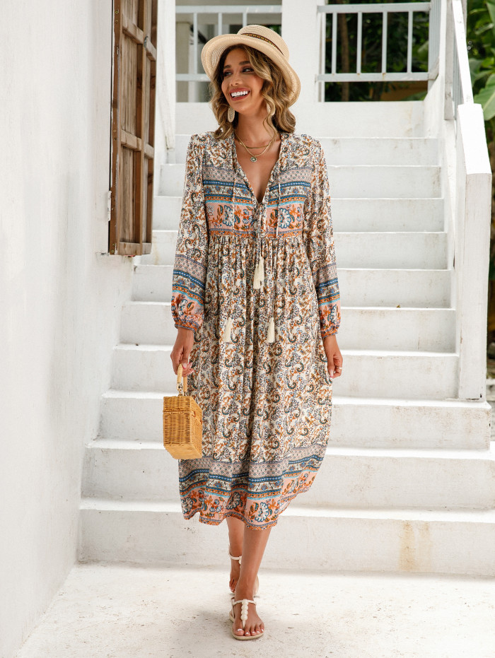R.Vivimos Women's Long Sleeve Floral Print Retro V Neck Tassel Bohemian Midi Dresses
