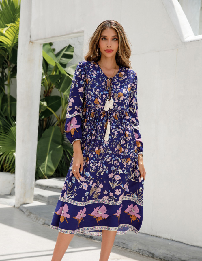 R.Vivimos Women's Long Sleeve Floral Print Retro V Neck Tassel Bohemian Midi Dresses