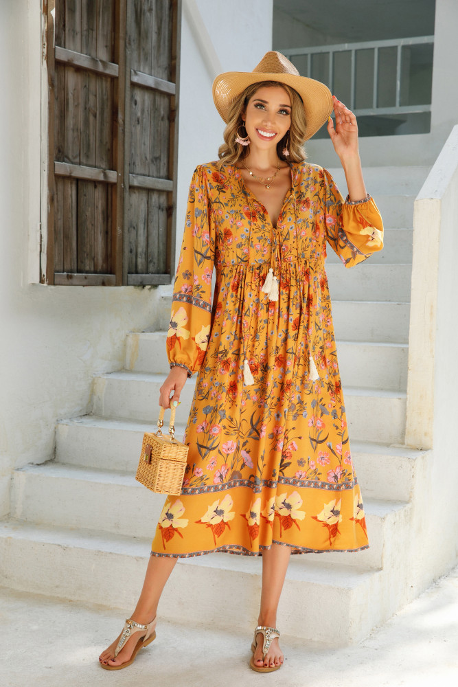 R.Vivimos Women's Long Sleeve Floral Print Retro V Neck Tassel Bohemian Midi Dresses