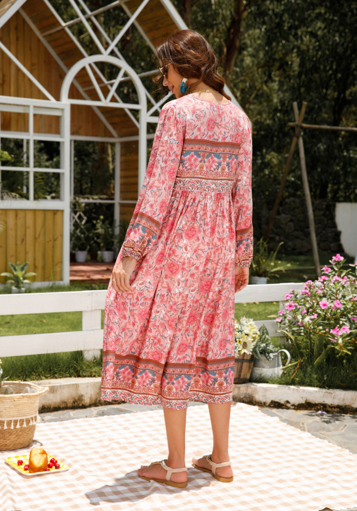 R.Vivimos Women's Long Sleeve Floral Print Retro V Neck Tassel Bohemian Midi Dresses