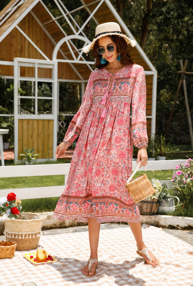 R.Vivimos Women's Long Sleeve Floral Print Retro V Neck Tassel Bohemian Midi Dresses