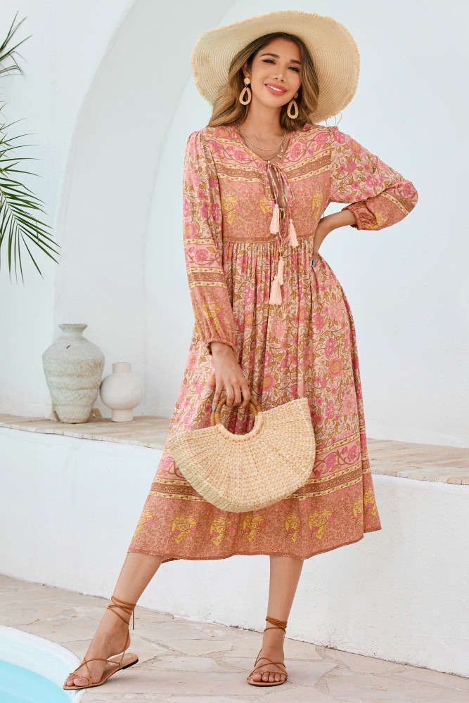 R.Vivimos Women's Long Sleeve Floral Print Retro V Neck Tassel Bohemian Midi Dresses