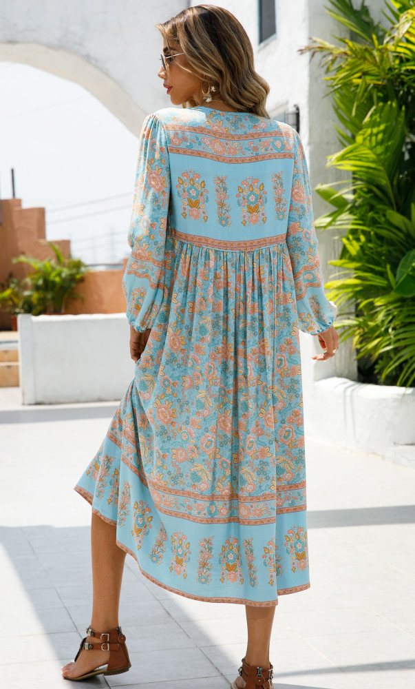 R.Vivimos Women's Long Sleeve Floral Print Retro V Neck Tassel Bohemian Midi Dresses