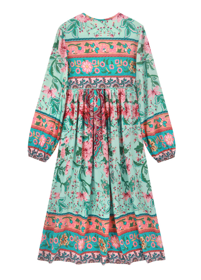 R.Vivimos Women's Long Sleeve Floral Print Retro V Neck Tassel Bohemian Midi Dresses