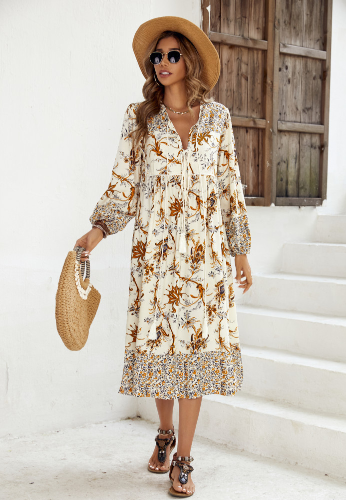 R.Vivimos Women's Long Sleeve Floral Print Retro V Neck Tassel Bohemian Midi Dresses