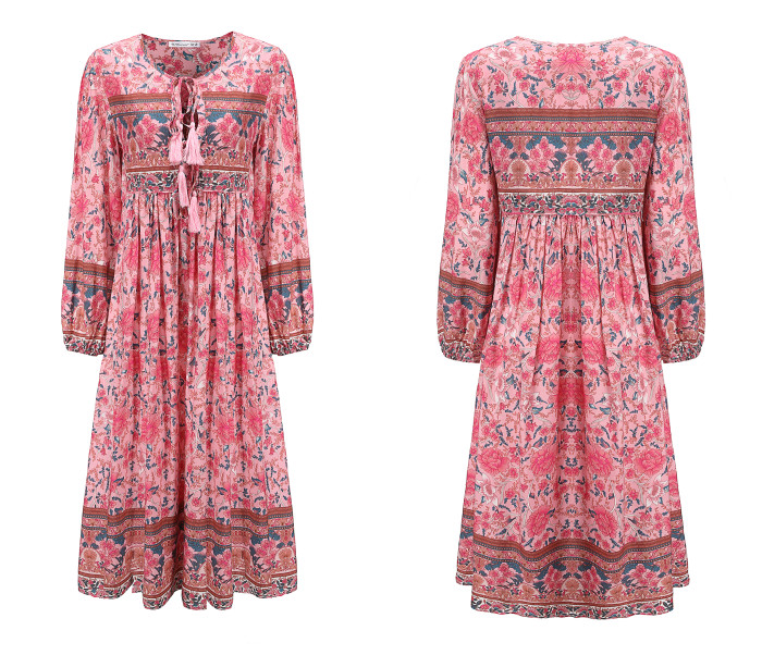 R.Vivimos Women's Long Sleeve Floral Print Retro V Neck Tassel Bohemian Midi Dresses