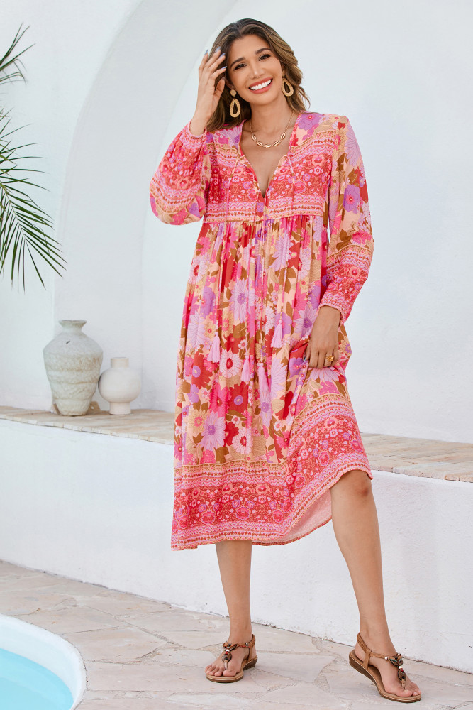 R.Vivimos Women's Long Sleeve Floral Print Retro V Neck Tassel Bohemian Midi Dresses