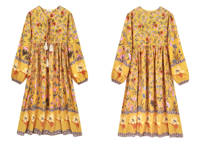 R.Vivimos Women's Long Sleeve Floral Print Retro V Neck Tassel Bohemian Midi Dresses