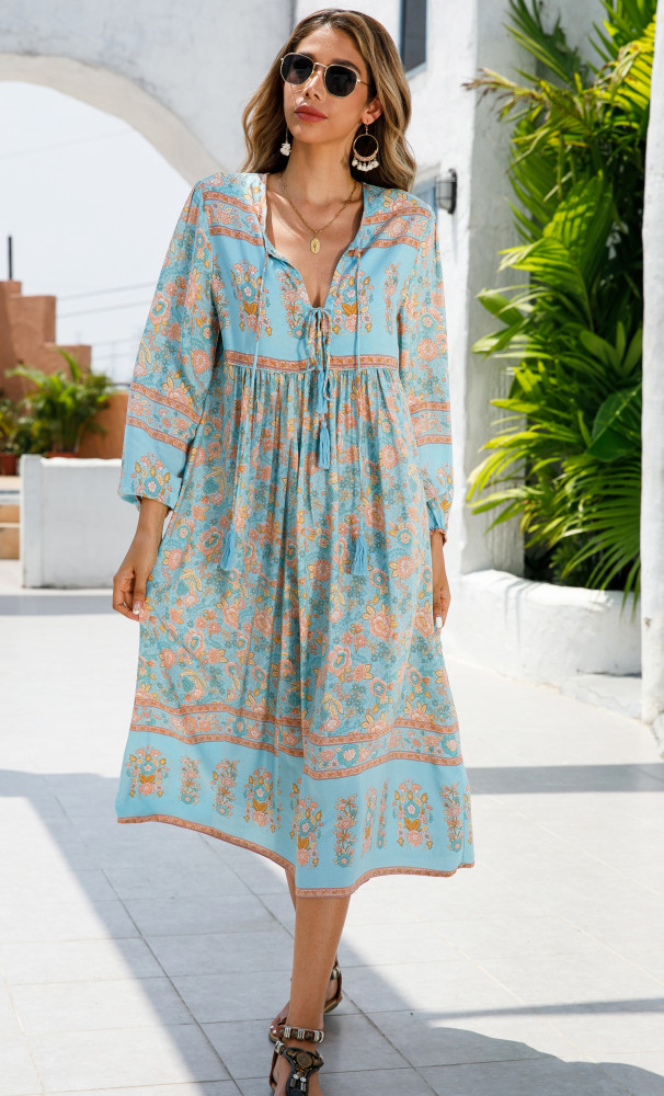 R.Vivimos Women's Long Sleeve Floral Print Retro V Neck Tassel Bohemian Midi Dresses