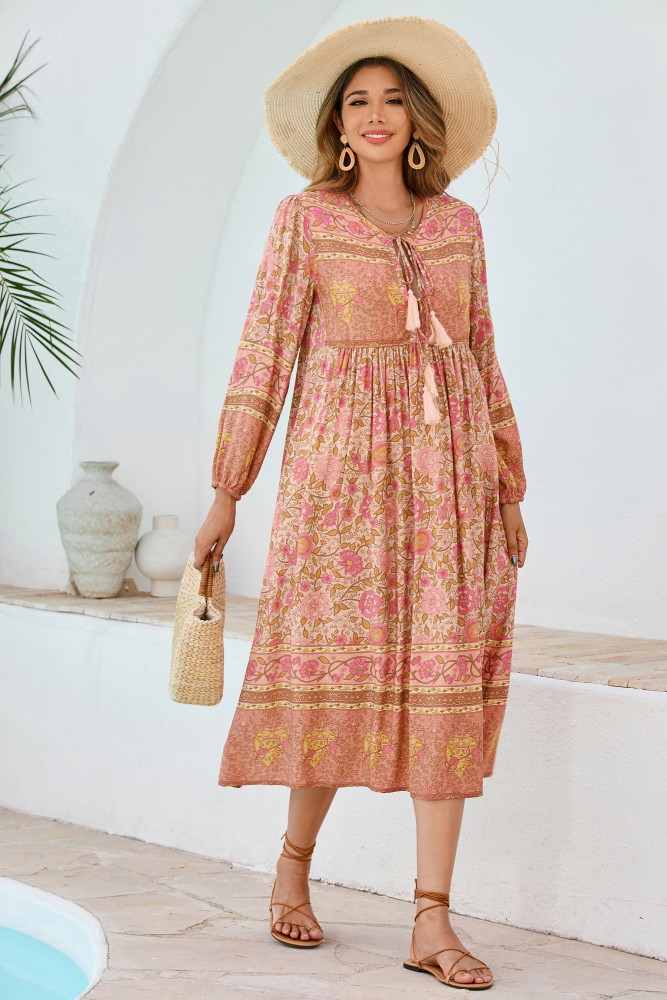 R.Vivimos Women's Long Sleeve Floral Print Retro V Neck Tassel Bohemian Midi Dresses