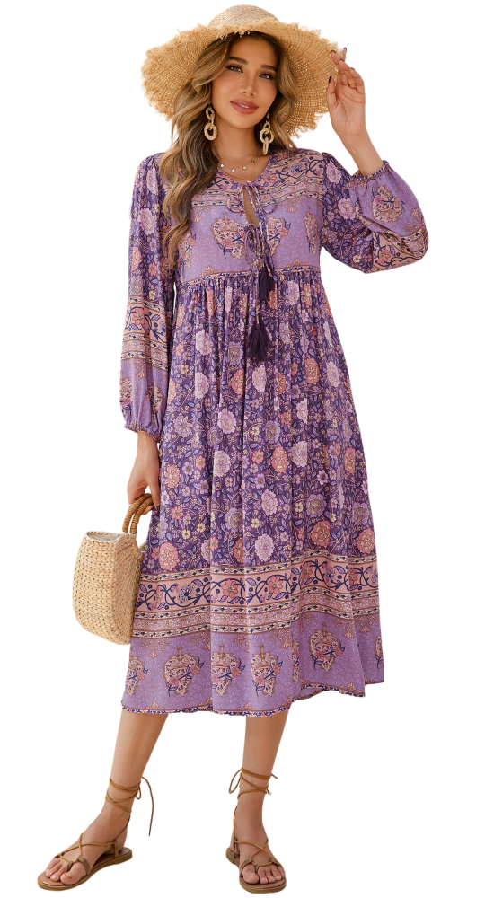 R.Vivimos Women's Long Sleeve Floral Print Retro V Neck Tassel Bohemian Midi Dresses