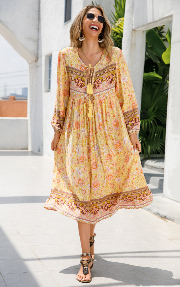 R.Vivimos Women's Long Sleeve Floral Print Retro V Neck Tassel Bohemian Midi Dresses