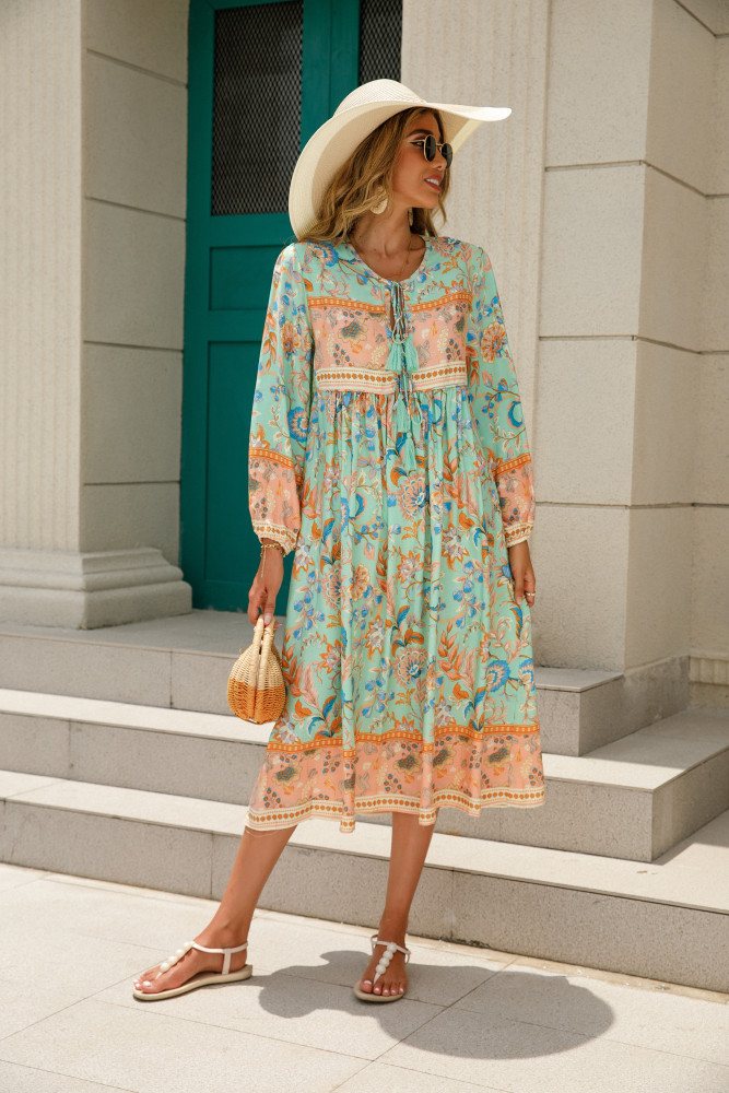 R.Vivimos Women's Long Sleeve Floral Print Retro V Neck Tassel Bohemian Midi Dresses