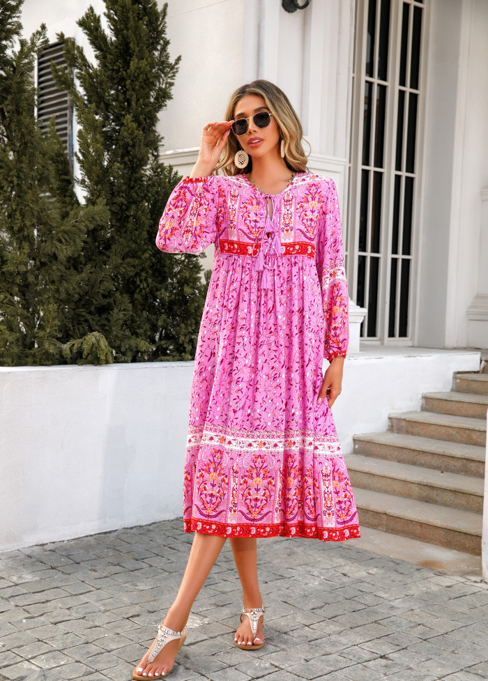 R.Vivimos Women's Long Sleeve Floral Print Retro V Neck Tassel Bohemian Midi Dresses