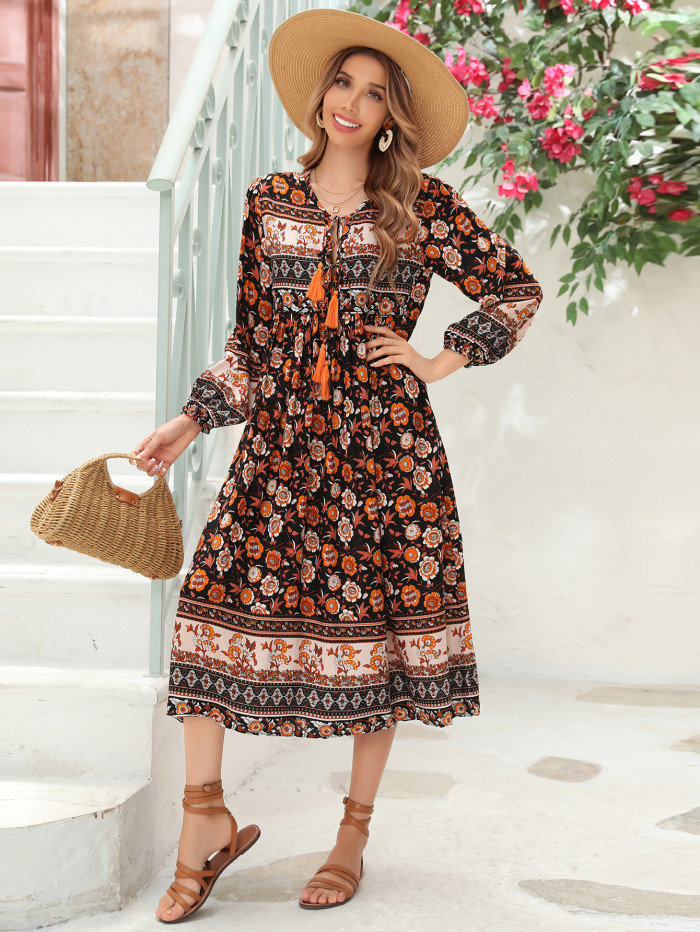 R.Vivimos Women's Long Sleeve Floral Print Retro V Neck Tassel Bohemian Midi Dresses