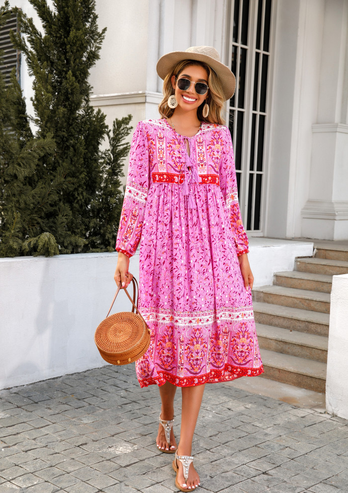 R.Vivimos Women's Long Sleeve Floral Print Retro V Neck Tassel Bohemian Midi Dresses