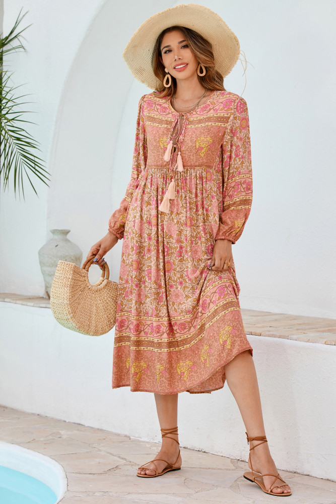 R.Vivimos Women's Long Sleeve Floral Print Retro V Neck Tassel Bohemian Midi Dresses