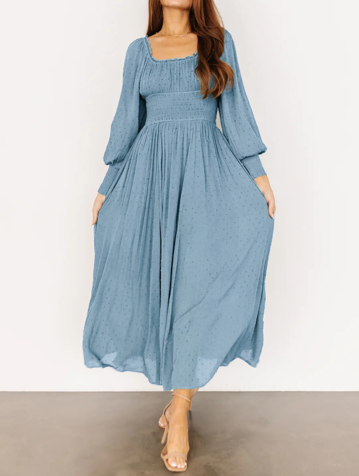 R.Vivimos Women's Puff Long Sleeve Maxi Dress Square Neck Elastic Empire Waist Swiss Dots Casual Flowy A-Line Long Dresses