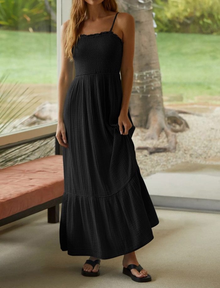 R.Vivimos Womens Summer Boho Cotton Maxi Dress Adjustable Spaghetti Strap Elastic Smocked Casual Ruffle Hem Flowy Beach Dress