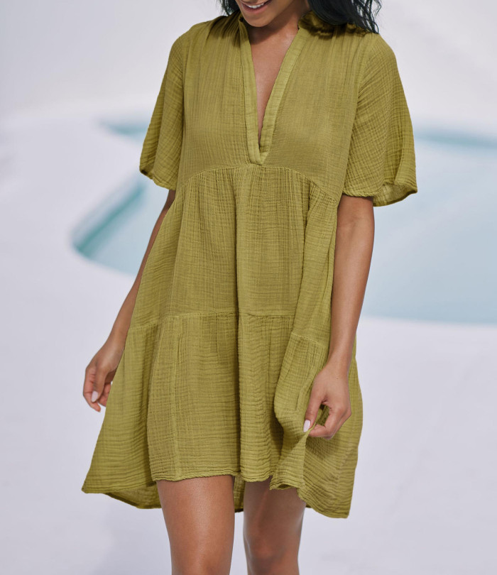 R.Vivimos Womens Summer Cotton Flowy Mini Dress V Neck Short Sleeve Boho Ruffle Tiered Casual Loose Tunic Dress