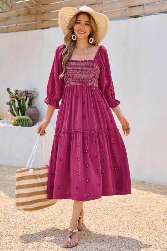 R.Vivimos Women's Long Sleeve Cotton Boho Midi Dress Vintage Square Neck Floral Embroidered Tiered Ruffle Flowy Pockets Dress