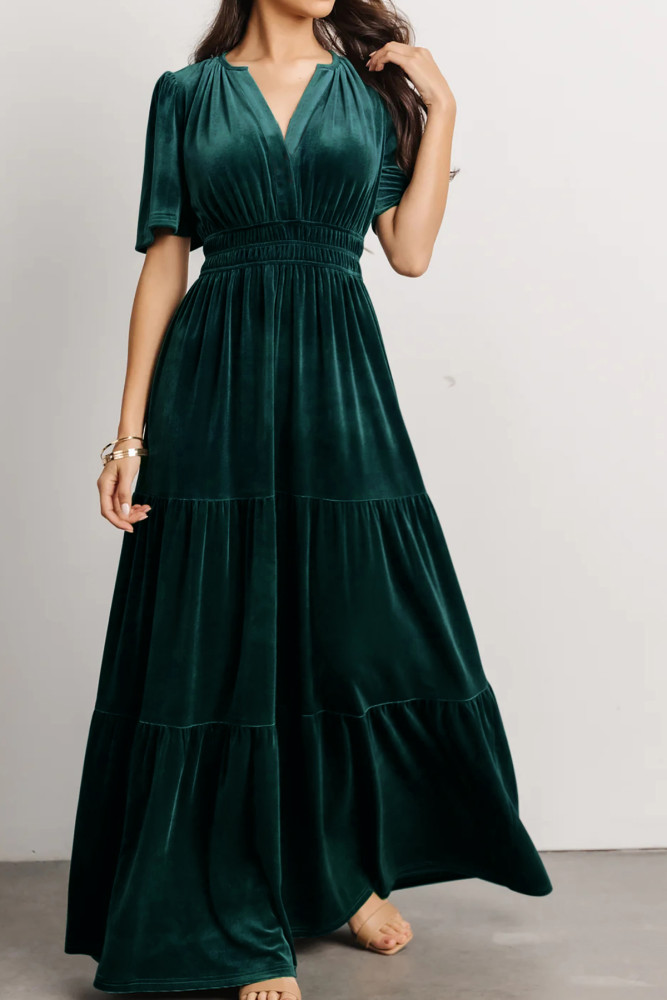 R.Vivimos Women's Fall Winter Vintage Velvet Dress Short Sleeve V Neck Elastic Waist Tiered Ruffle A-Line Elegant Maxi Dress