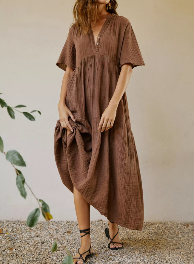 R.Vivimos Womens Summer Cotton Flowy Maxi Dress Short Sleeve V Neck Empire  Waist Boho Tiered