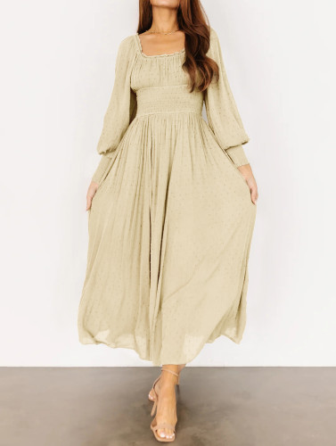 R.Vivimos Women's Puff Long Sleeve Maxi Dress Square Neck Elastic Empire Waist Swiss Dots Casual Flowy A-Line Long Dresses