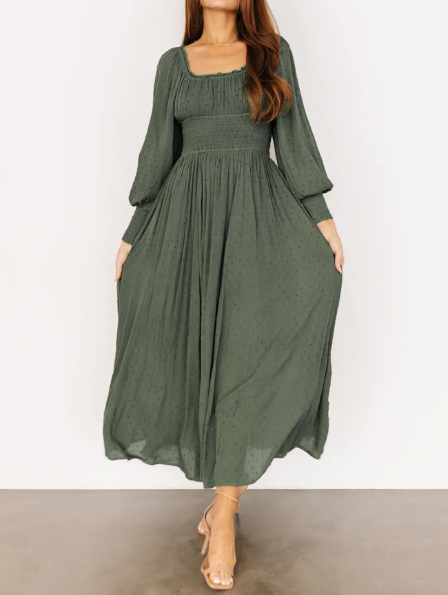 R.Vivimos Women's Puff Long Sleeve Maxi Dress Square Neck Elastic Empire Waist Swiss Dots Casual Flowy A-Line Long Dresses