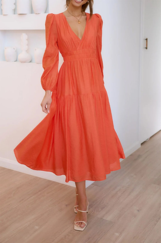 R.Vivimos Womens Casual Long Sleeve Midi Dress Deep V Neck Elastic Waist A-Line Tiered Flowy Elegant Dresses
