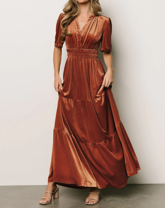 R.Vivimos Women's Fall Winter Vintage Velvet Dress Short Sleeve V Neck Elastic Waist Tiered Ruffle A-Line Elegant Maxi Dress