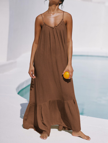 R.Vivimos Women's Summer Cotton Maxi Dress Adjustable Spaghetti Strap Boho Casual Backless Ruffle Loose Fit Flowy Dress