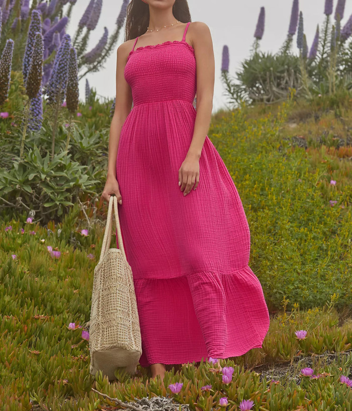 R.Vivimos Womens Summer Boho Cotton Maxi Dress Adjustable Spaghetti Strap Elastic Smocked Casual Ruffle Hem Flowy Beach Dress