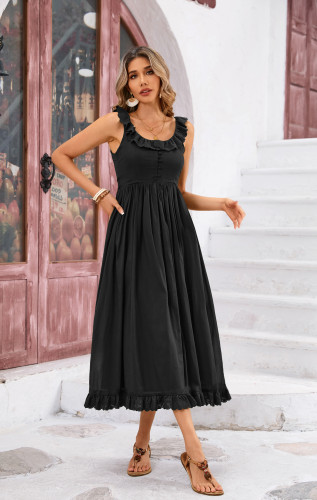 R.Vivimos Womens Summer Cotton Sleeveless Midi Dresses Vintage Lace Trim Button Up Tie Waist Casual A-Line Flowy Long Dresses