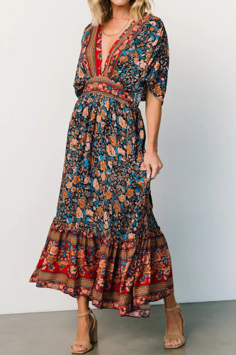 R.Vivimos Women's Summer Boho Floral Print Midi Dress Short Sleeve Deep V Neck Empire Waist Flowy Beach Dress with Pockets