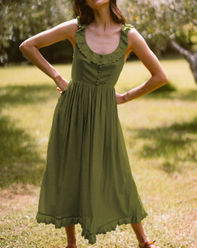 R.Vivimos Womens Summer Cotton Sleeveless Midi Dresses Vintage Lace Trim Button Up Tie Waist Casual A-Line Flowy Long Dresses